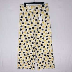 Zara Cream W Black & Yellow Flowers High Rise Cropped Wide Leg Jeans 10 NWT